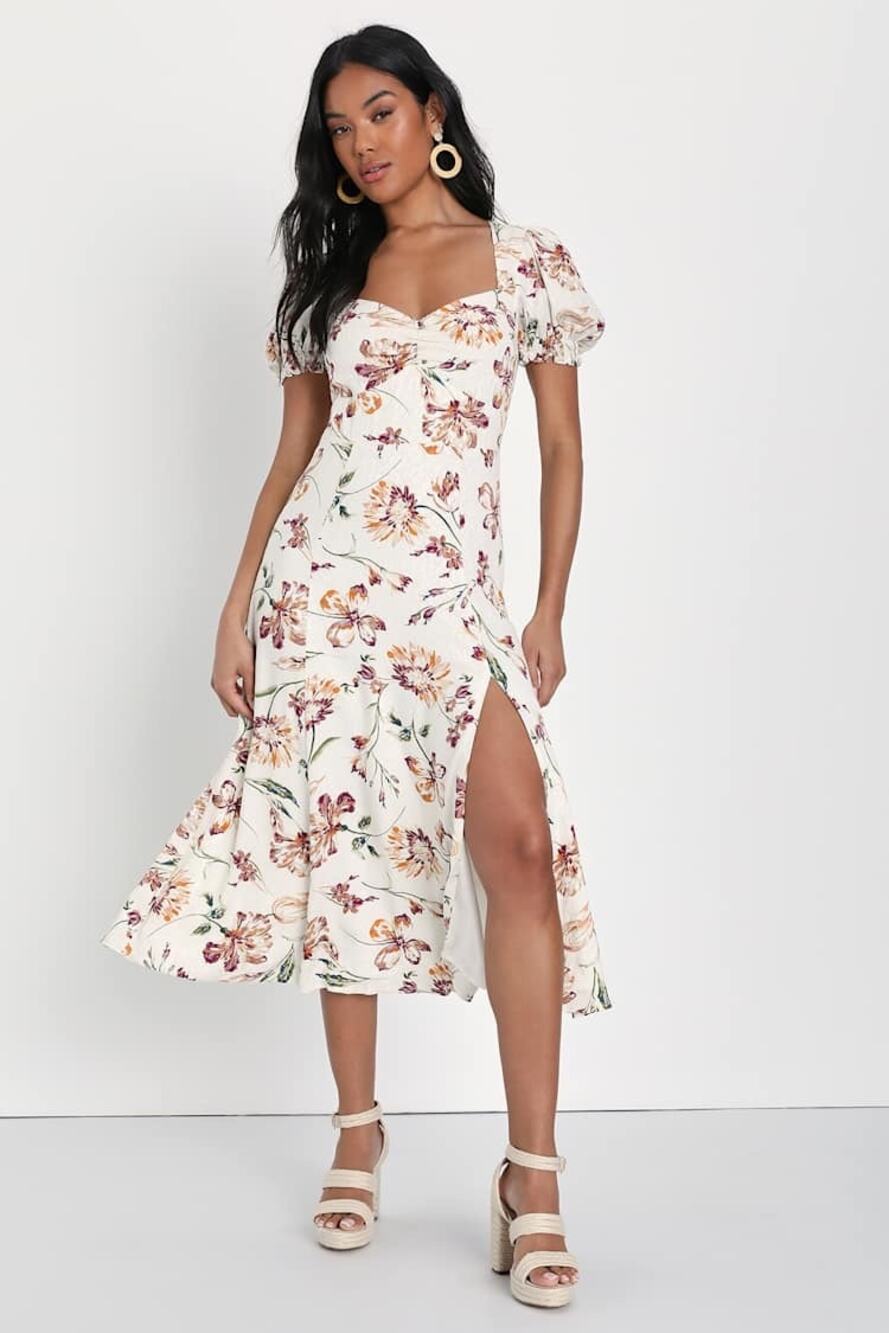 NWT Lulus Parisian Picnic Cream Floral Jacquard Puff Sleeve Midi Dress Resort S